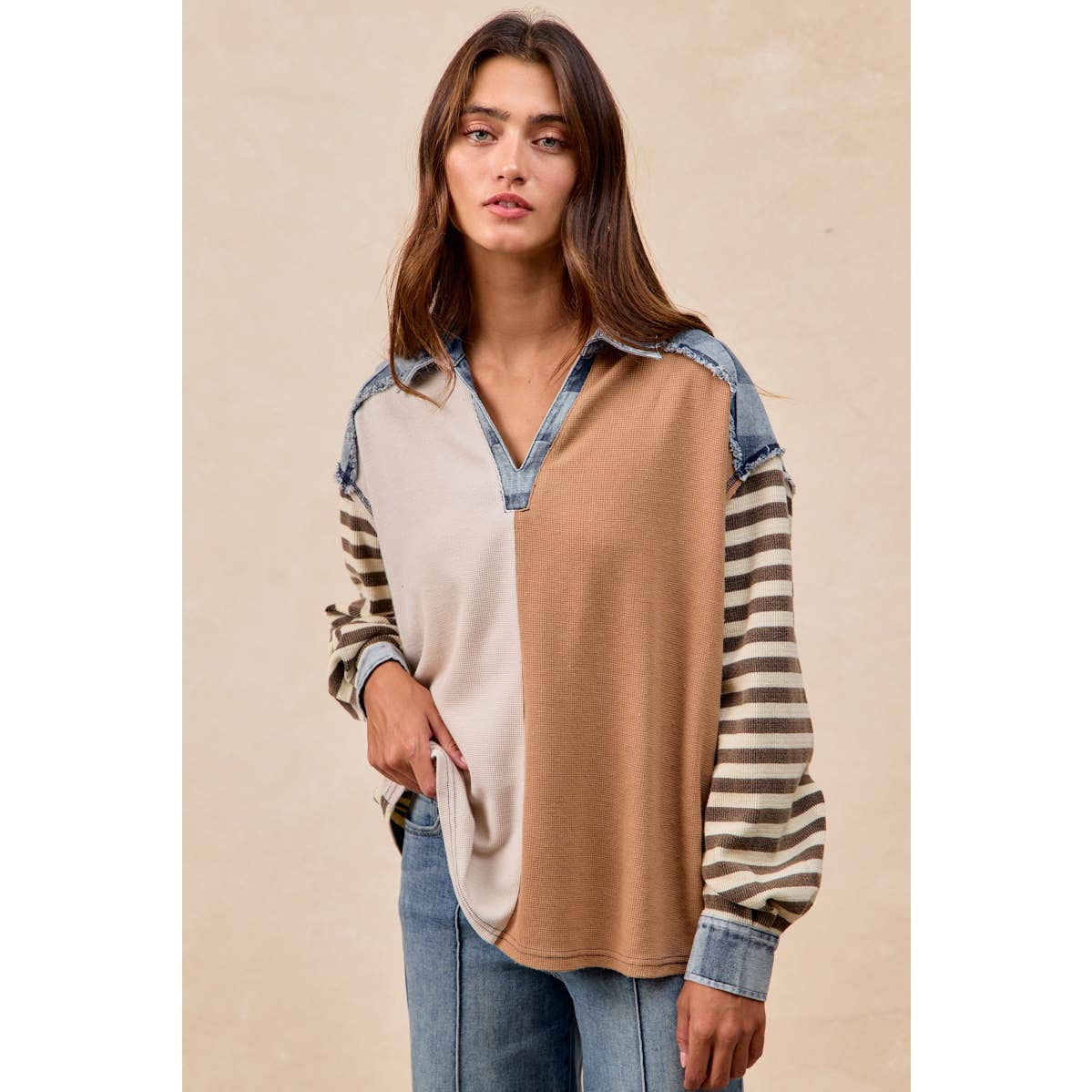 CUT EDGE CHECKER DENIM WAFFLE MIX AND MATCH TOP
