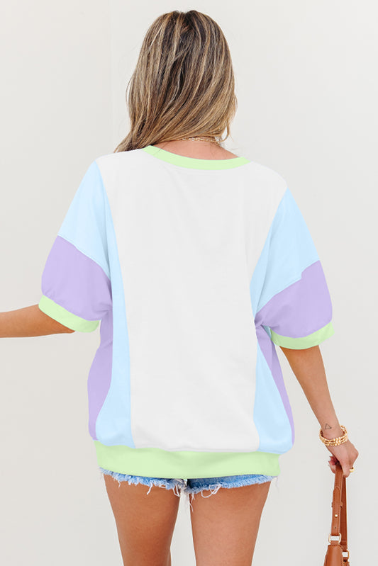 White Color Block Patchwork Half Sleeve Oversized T Shirt