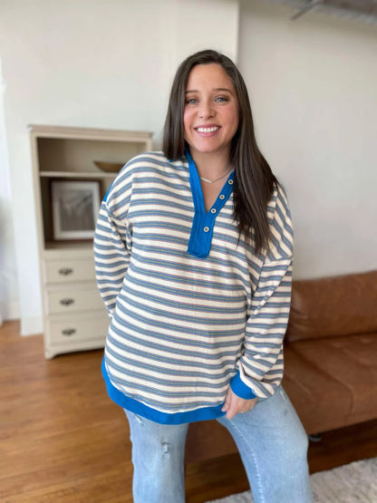 ONE ELEVEN NORTH Blue and Grey Classic Striped Top