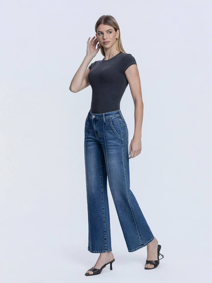 Lovervet by VERVET Full Size High Rise Dark Wash Pintuck Wide Leg Jeans