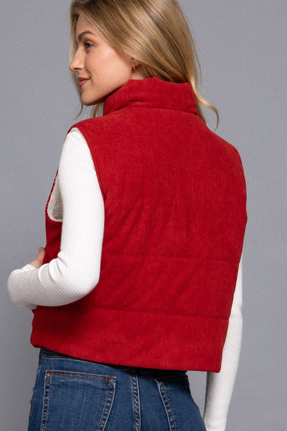 Annie Full Size High Neck Inner Faux Fur Zip Up Corduroy Puffer Vest