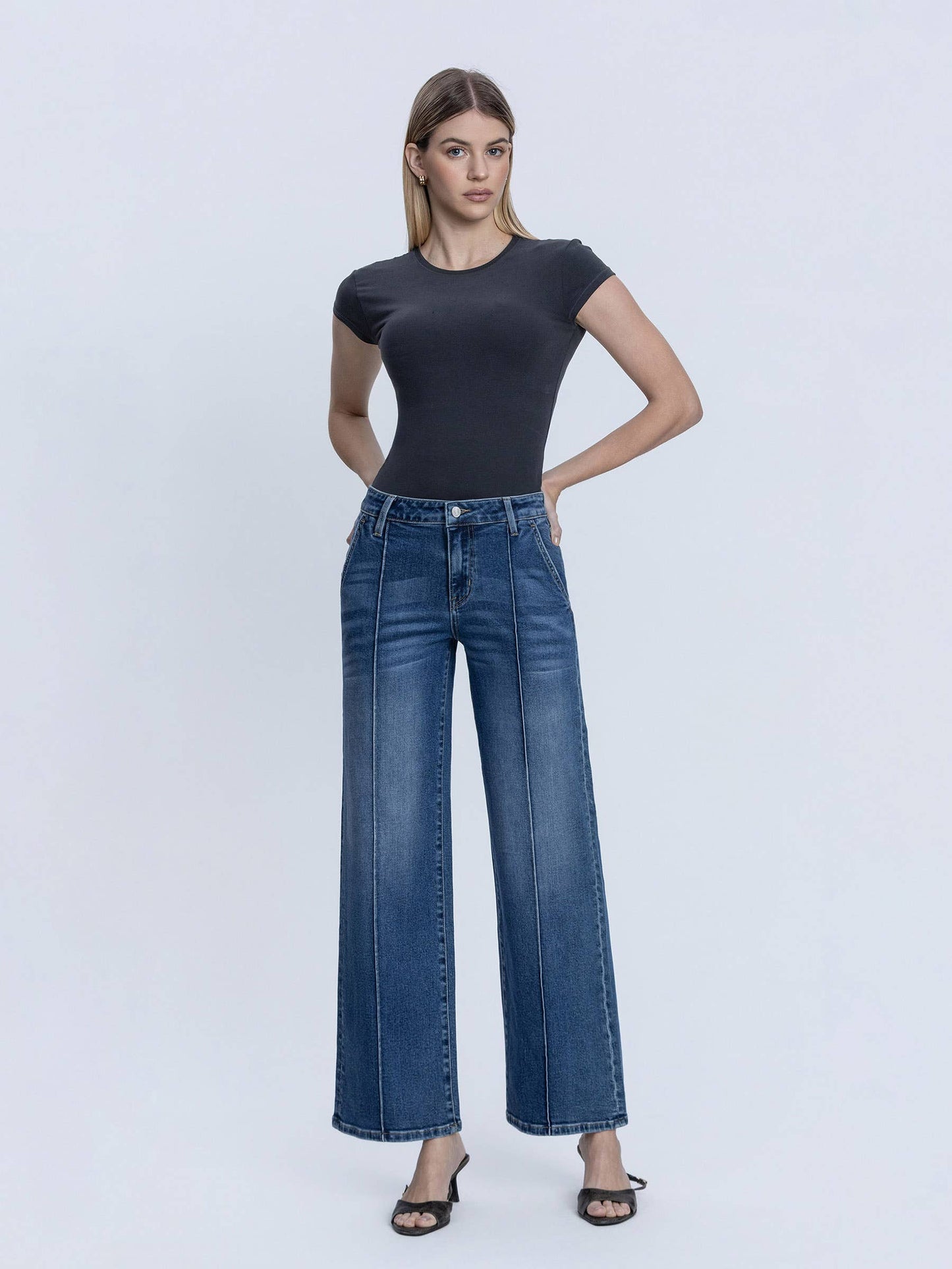 Lovervet by VERVET Full Size High Rise Dark Wash Pintuck Wide Leg Jeans