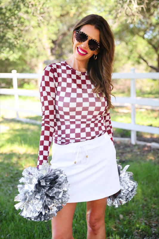 Alyssa Mesh Top- Maroon Checkered