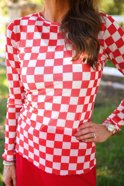 Alyssa Mesh Top- Red Checkered