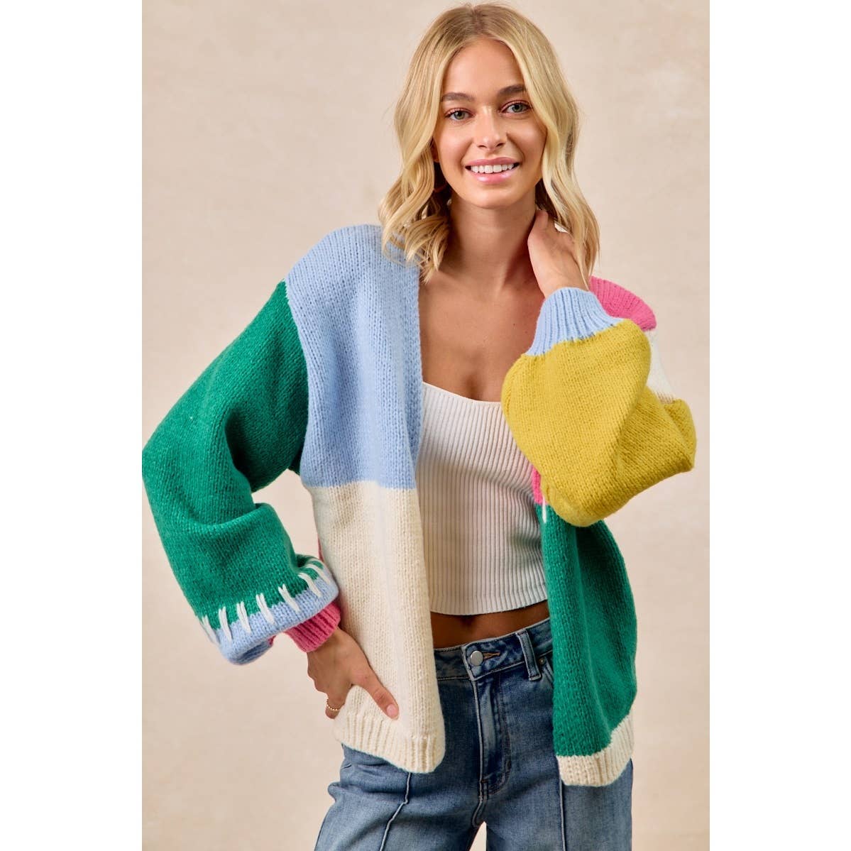 BiBi Color Block Sweater Open Cardigan