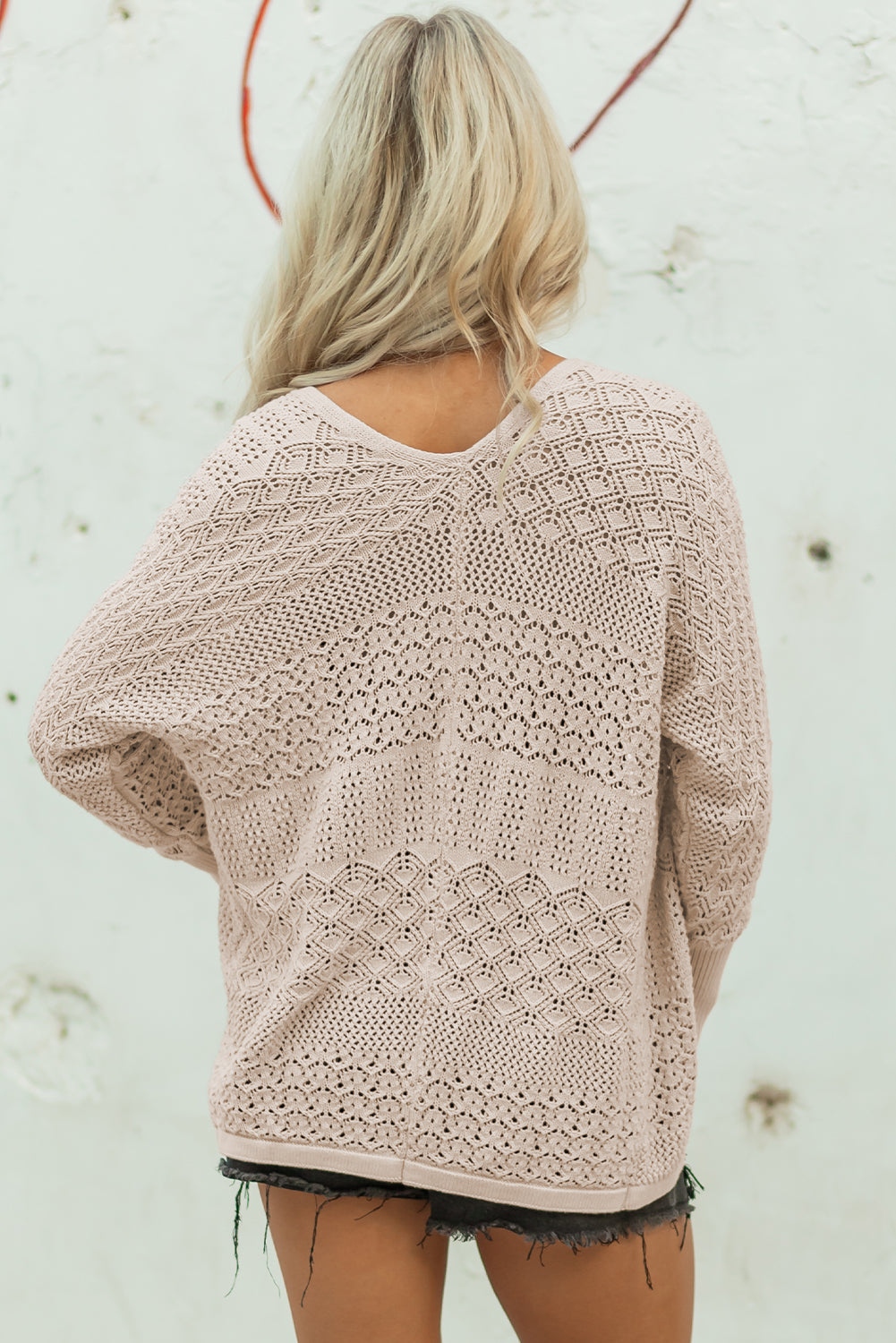 Lapis Mix Pattern Hollowed Knit Open Front Cardigan