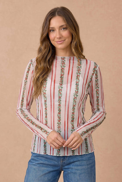 Plus Mistletoe Semi Sheer Mesh Frilled Hem Top