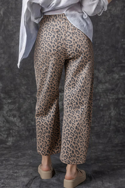 Khaki Leopard Printed Drawstring Elastic Waistband Pocketed Barrel Jeans
