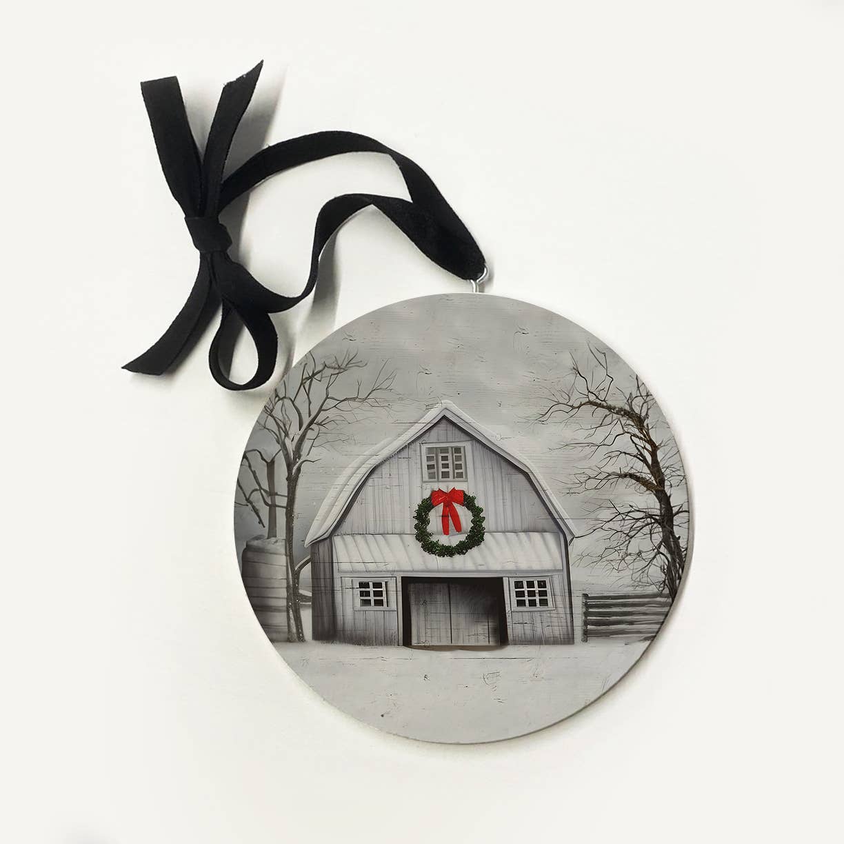 White Christmas Barn With Wreath Ornament