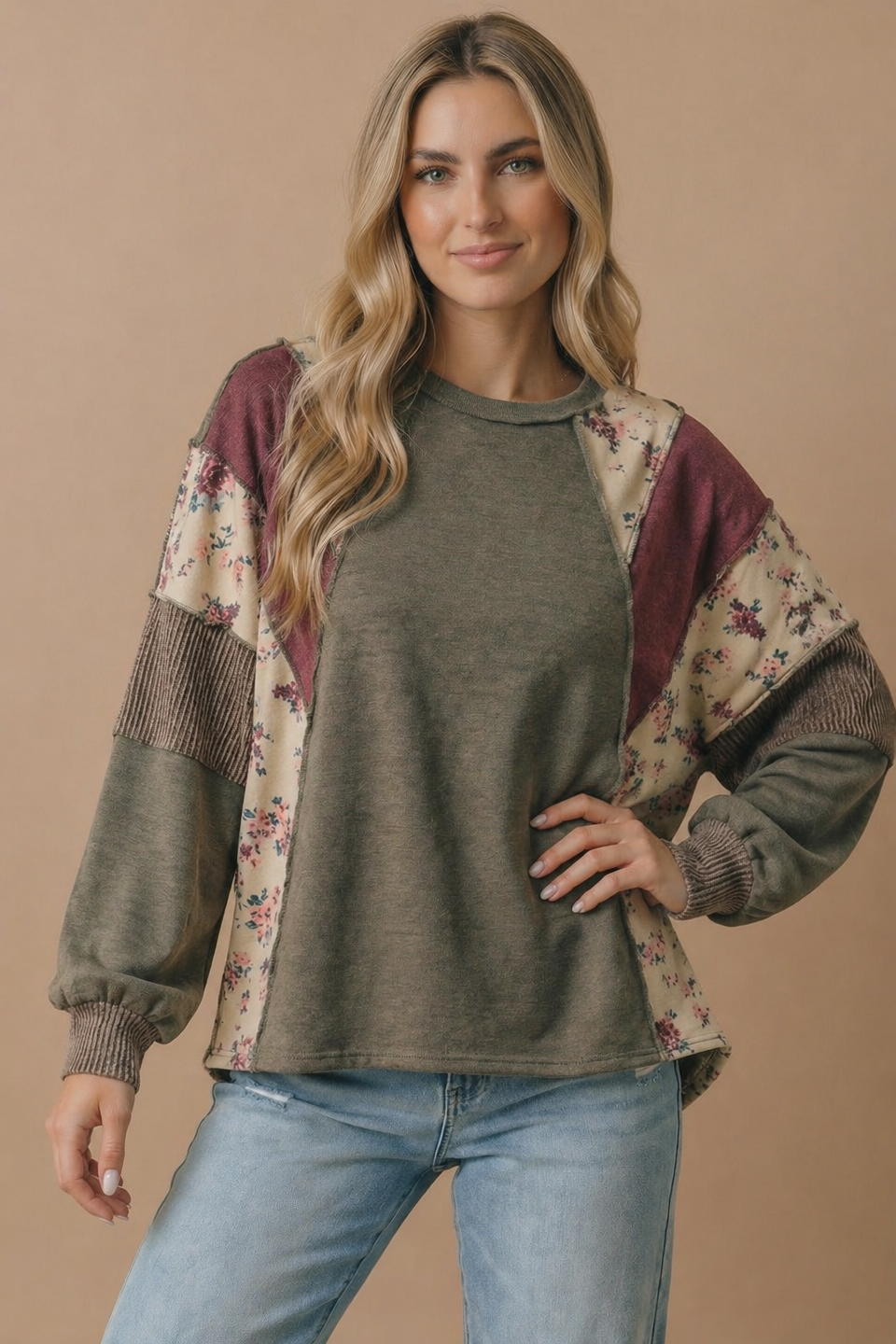 Plus Mixed Media Patchwork Pullover Knit Top