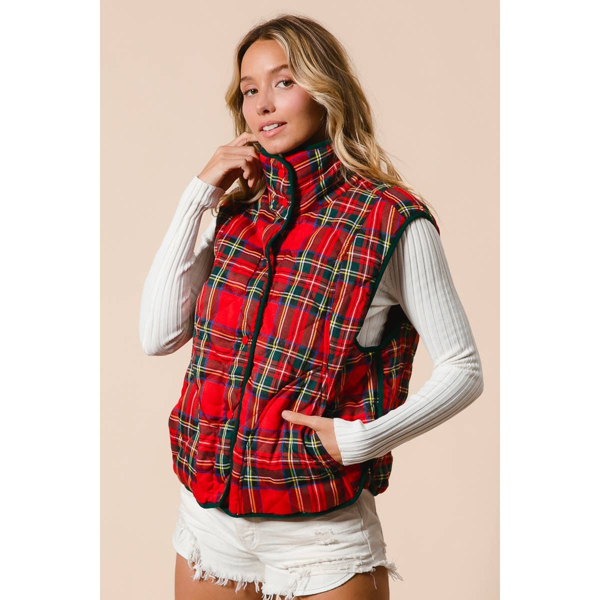 BiBi Vintage Christmas Puff Plaid Quilted Vest