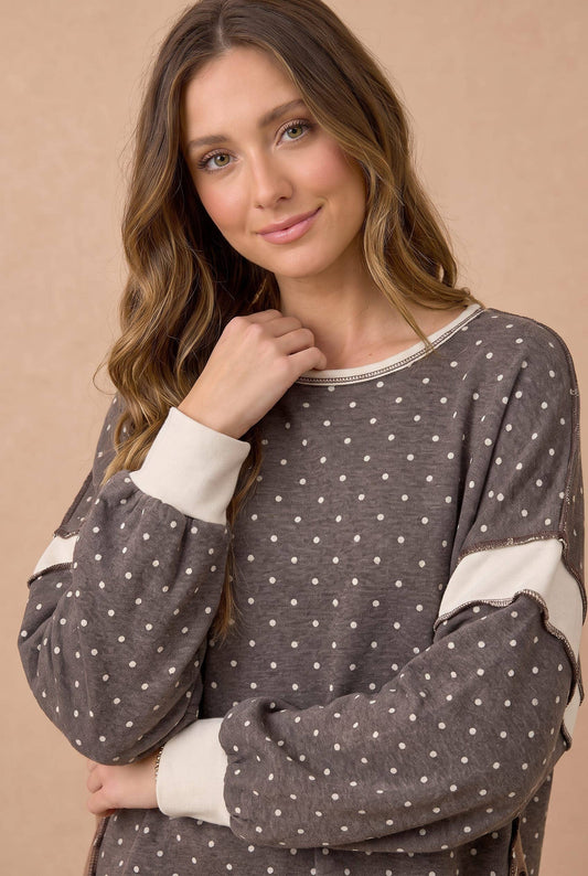 Haptics Polka Dot Color-block Cutout Back Full Size Pullover