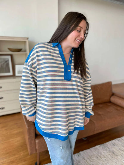 ONE ELEVEN NORTH Blue and Grey Classic Striped Top