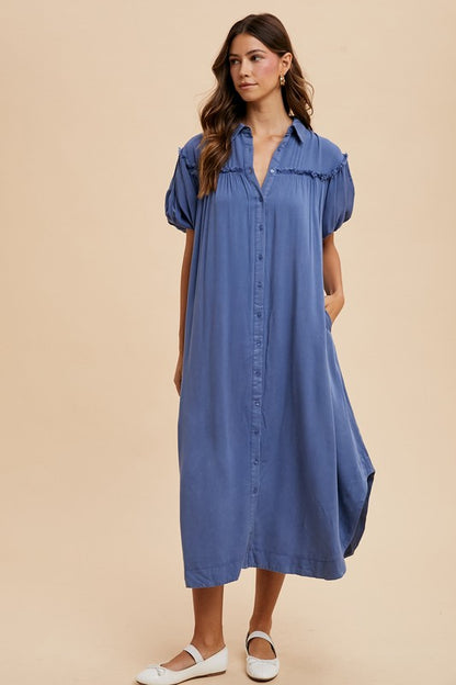 Annie Wear Mineral Washed Button Down Puff Sleeve Shirt Dress