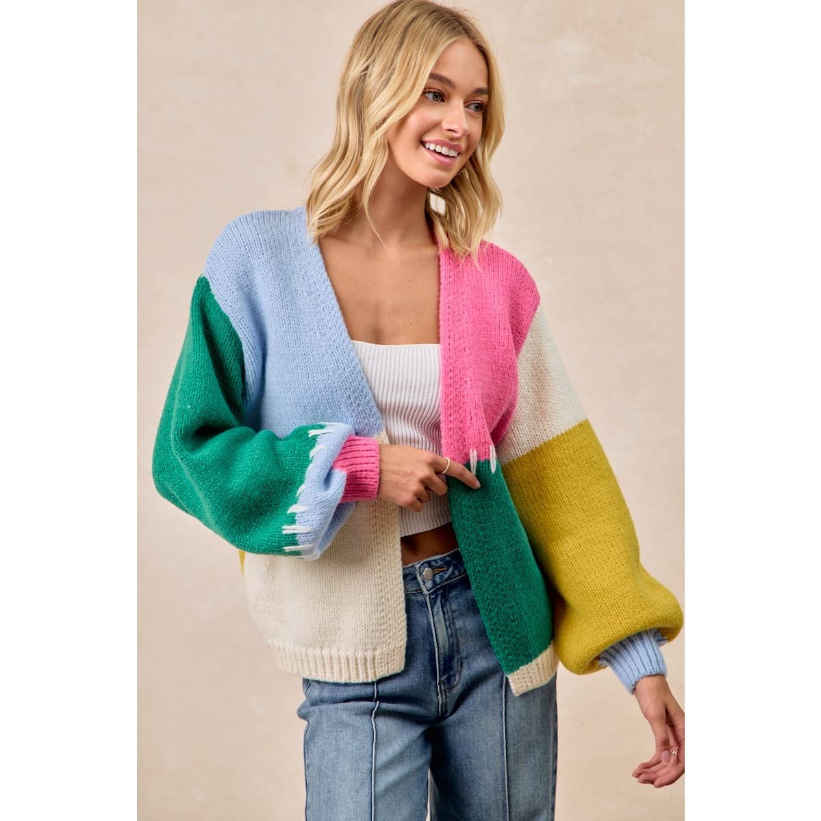 BiBi Color Block Sweater Open Cardigan