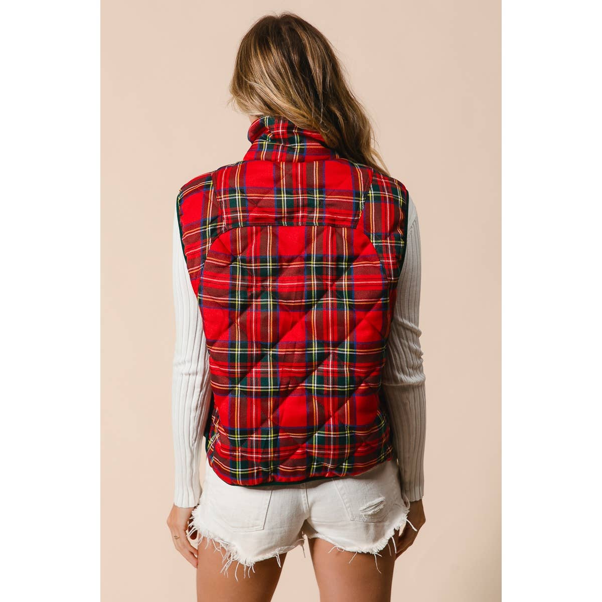BiBi Vintage Christmas Puff Plaid Quilted Vest
