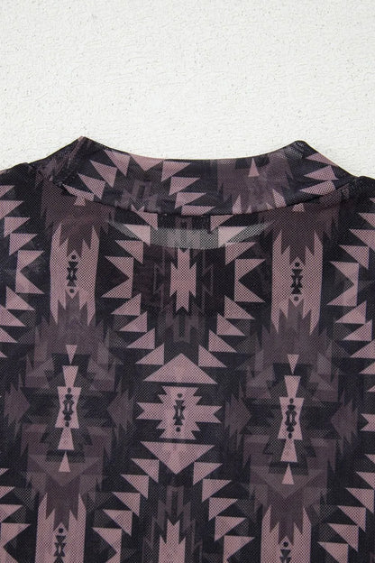 Aztec Print Mock Neck Short Sleeve Mesh T Shirt