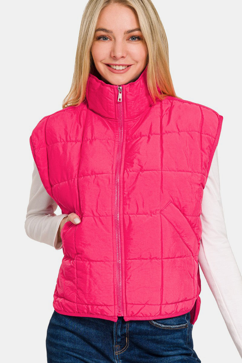 Zenana Zip Up Cropped Puffer Vest with Pockets