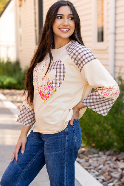 Beige Plaid Floral Peace Heart Graphic Wide Long Sleeve Top