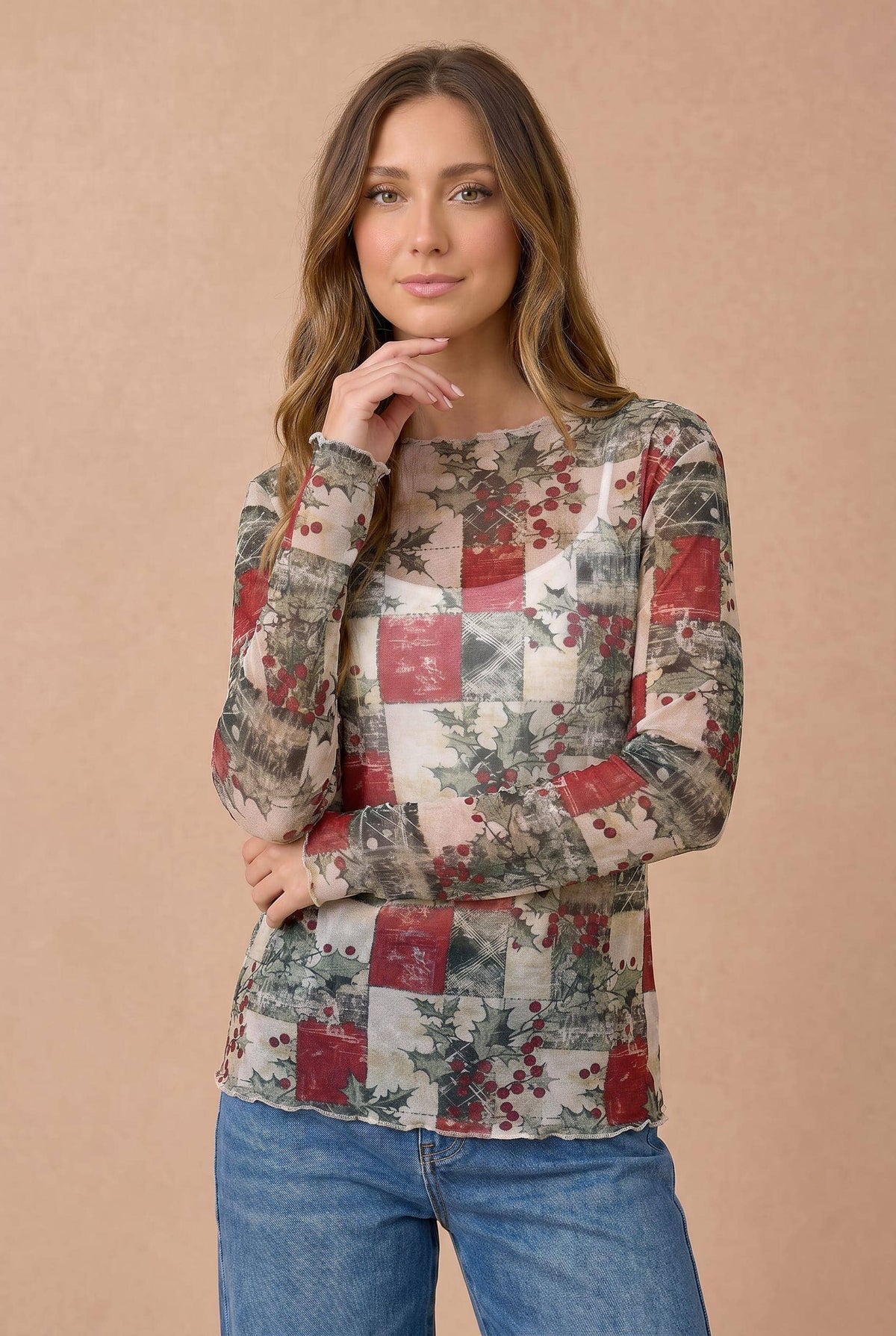 Plus Mistletoe Semi Sheer Mesh Frilled Hem Top