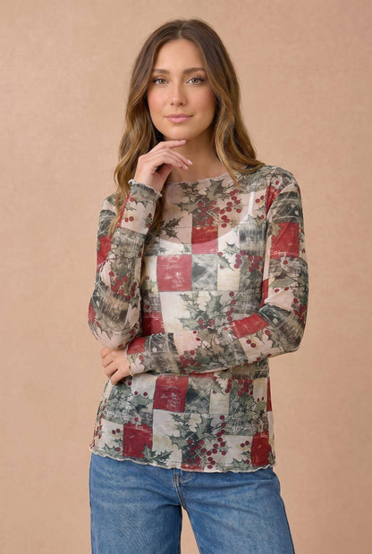 Mistletoe Semi Sheer Mesh Frilled Hem Top