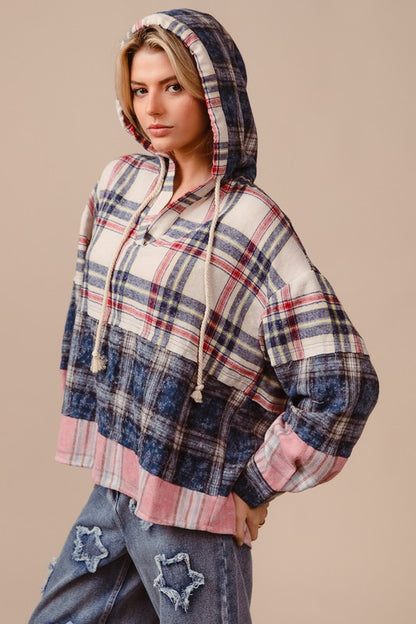 BiBi Drawstring Plaid Drop Shoulder Hoodie