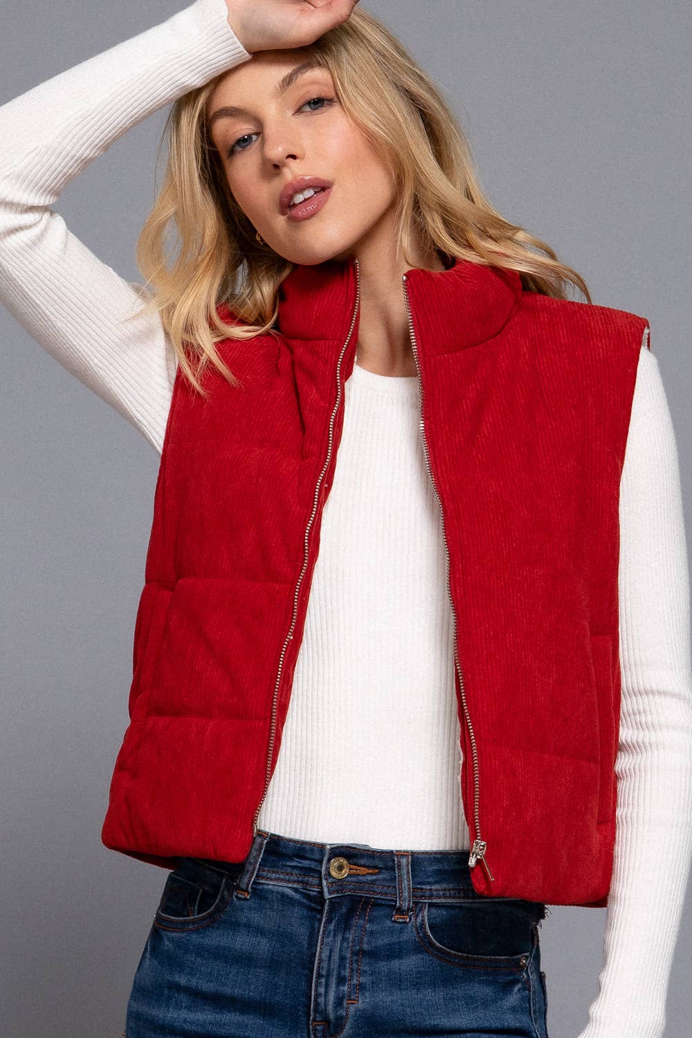 Annie Full Size High Neck Inner Faux Fur Zip Up Corduroy Puffer Vest