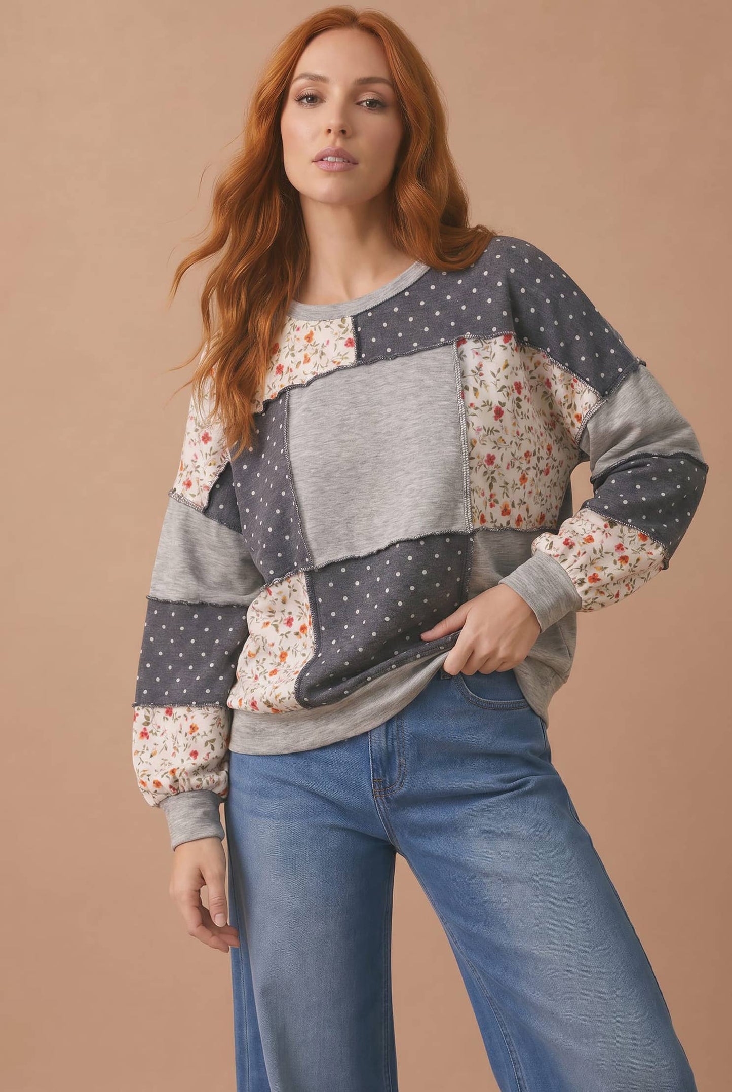 Plus Round Neck Mixed Print Patchwork Pullover