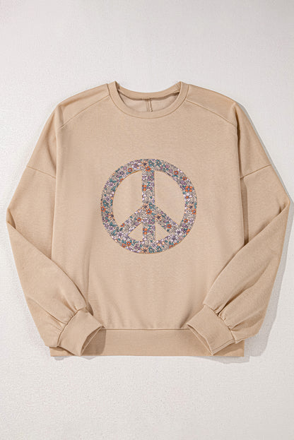 Pale Khaki Floral Peace Sign Graphic Washed Terry Plus Size Sweatshirt