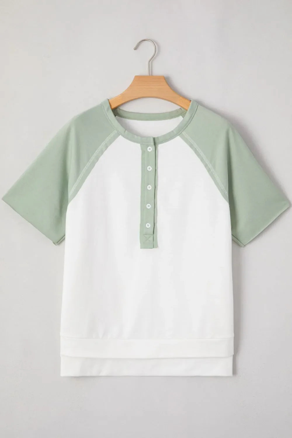 Color Block Raglan Short Sleeve Half Buttons High Low T Shirt