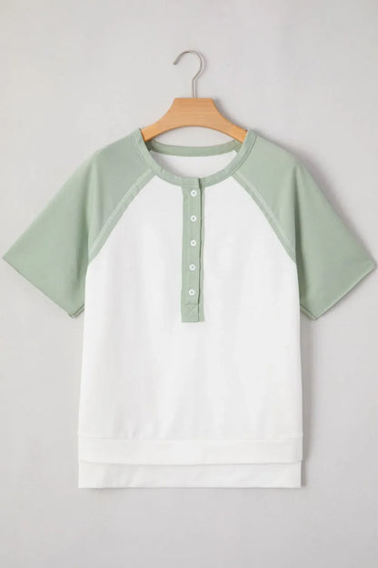 Color Block Raglan Short Sleeve Half Buttons High Low T Shirt