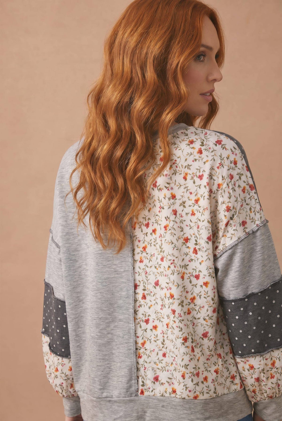 Plus Round Neck Mixed Print Patchwork Pullover