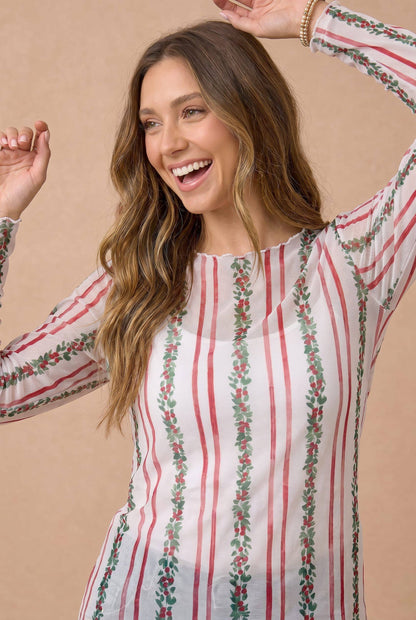 Plus Mistletoe Semi Sheer Mesh Frilled Hem Top