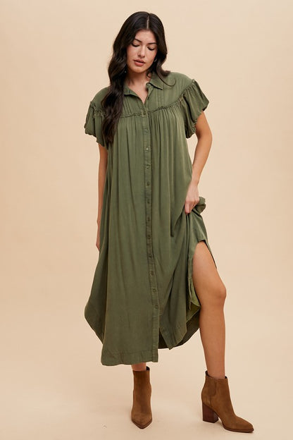 Annie Wear Mineral Washed Button Down Puff Sleeve Shirt Dress