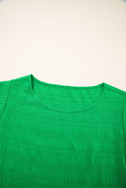 Dark Green Textured Ruffled Sleeve Round Neck Top