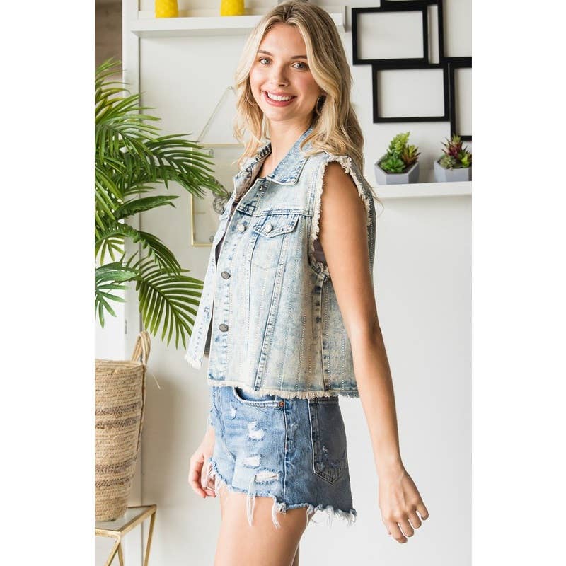 Rhinestone Color Black Wash Denim Vest