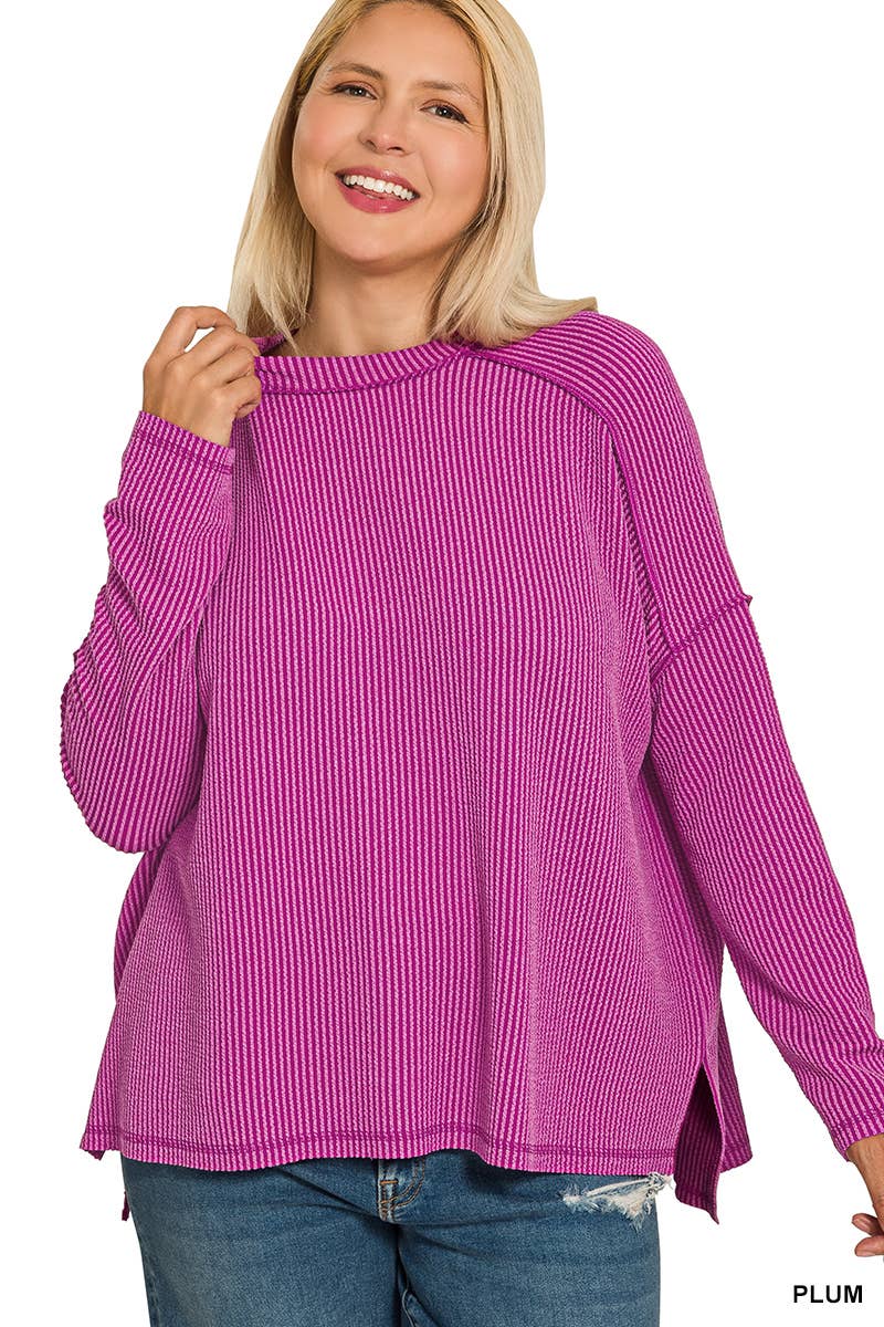 Zenana Full Size Exposed Seam Long Sleeve Plum