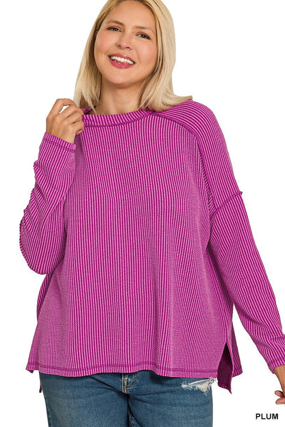 Zenana Full Size Exposed Seam Long Sleeve Plum