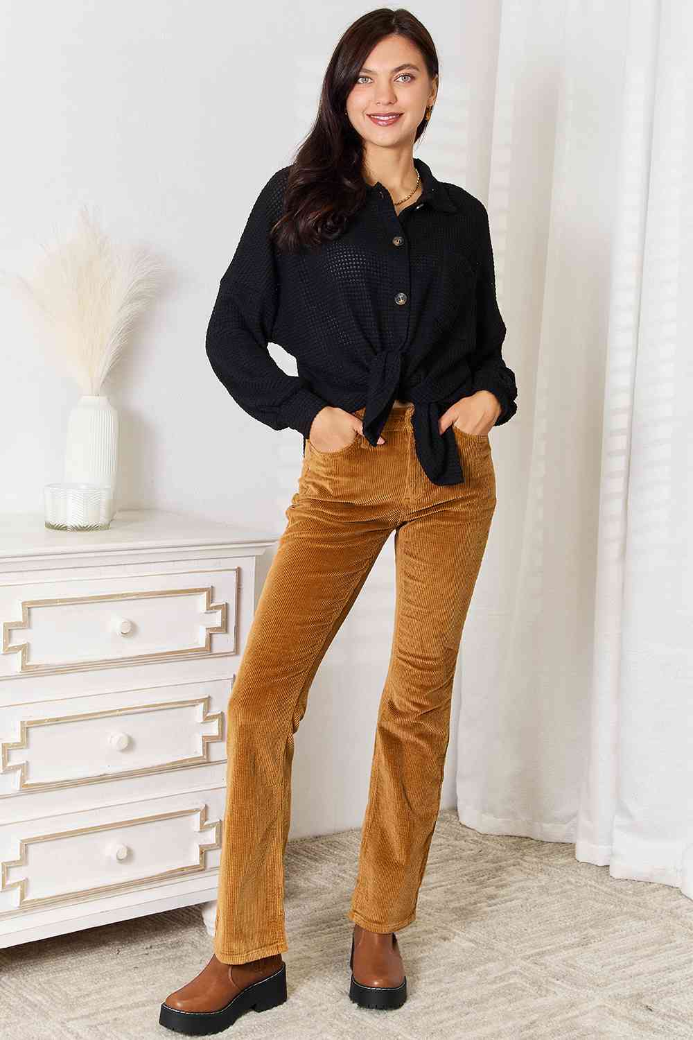 Double Take Waffle-Knit Collared Neck Dropped Shoulder Shirt HC