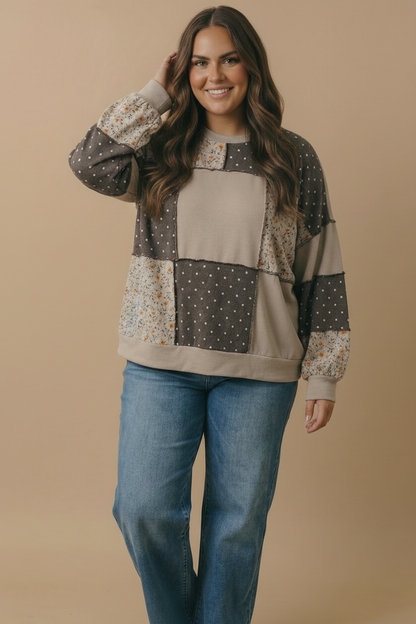 Plus Round Neck Mixed Print Patchwork Pullover