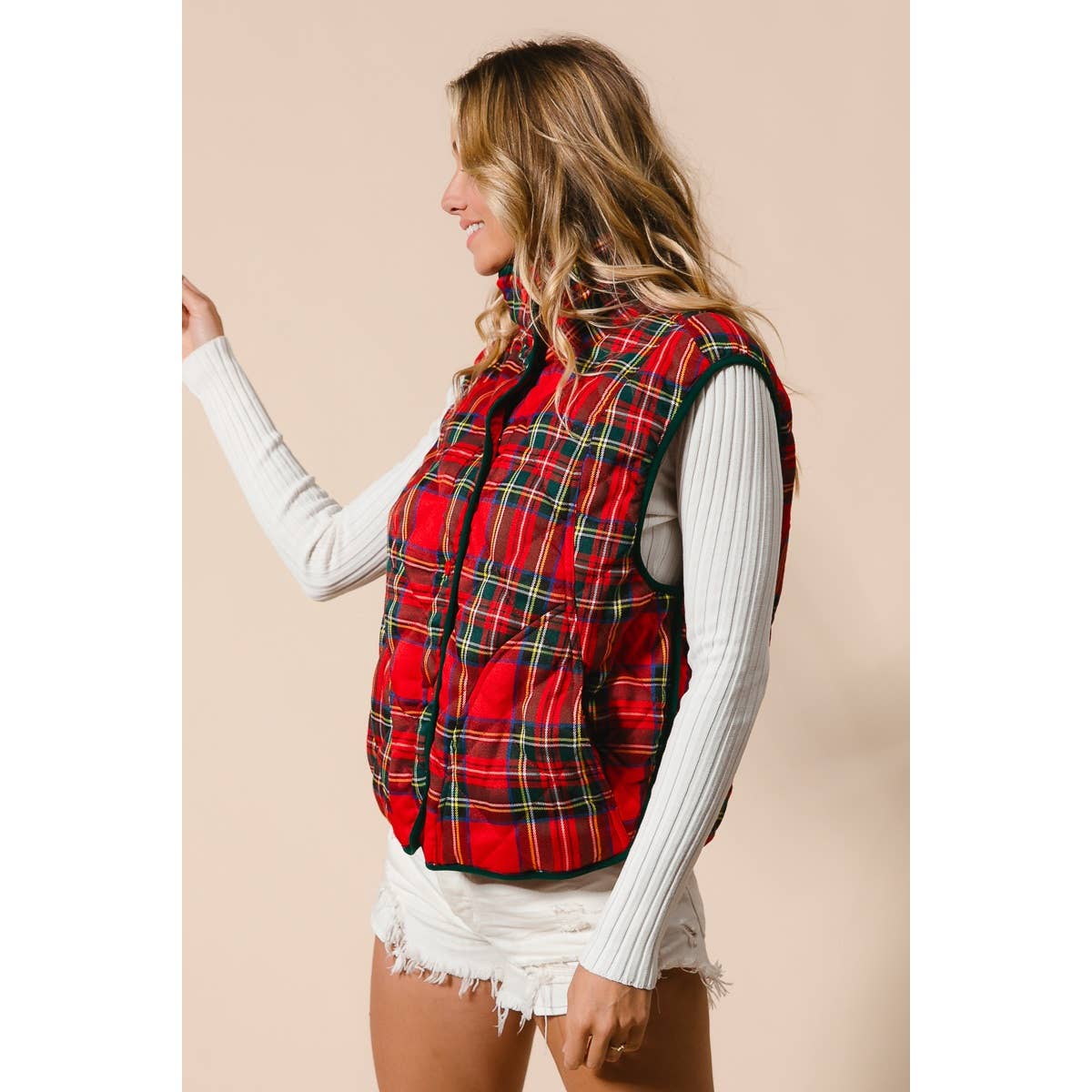 BiBi Vintage Christmas Puff Plaid Quilted Vest