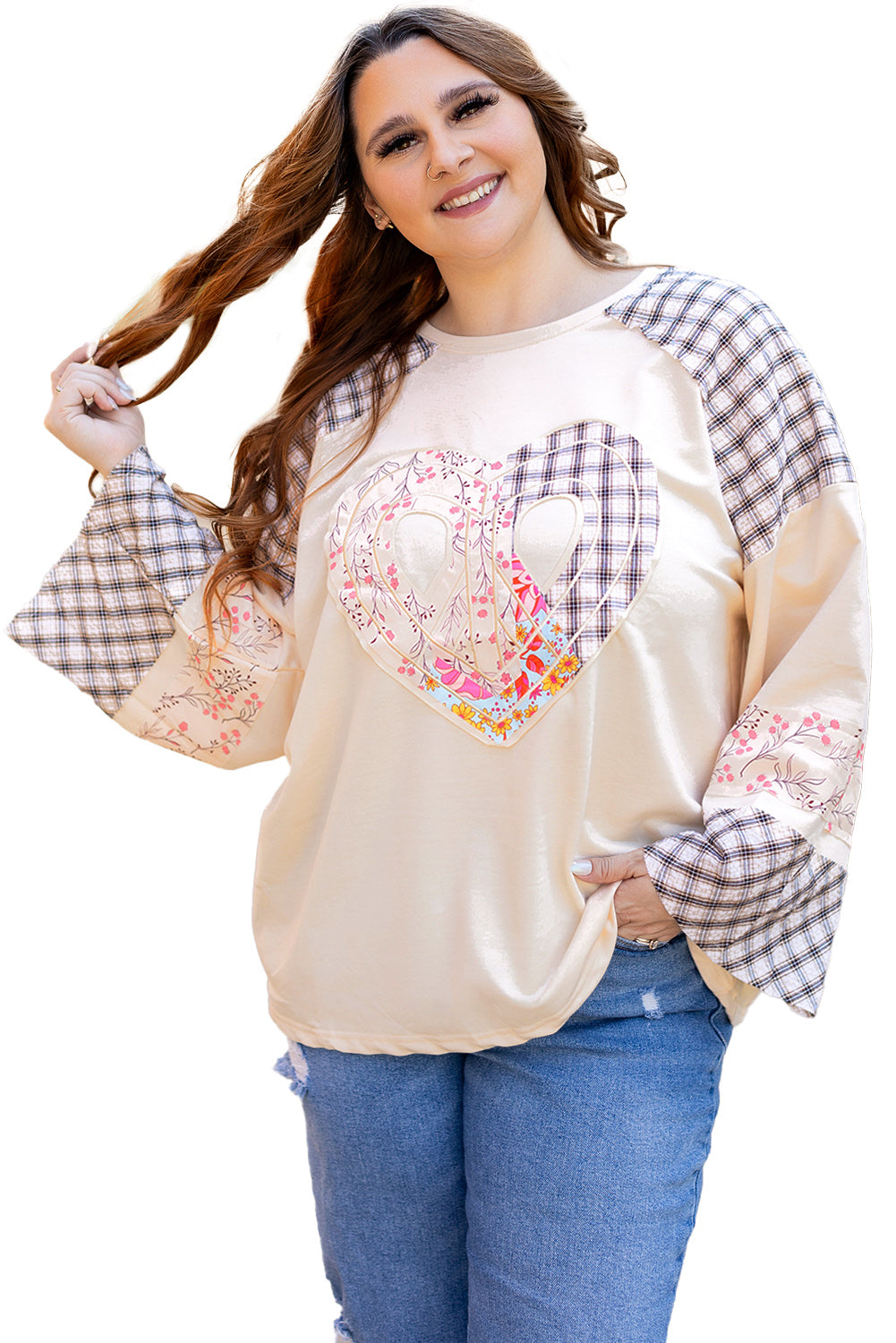 Beige Plaid Floral Peace Heart Graphic Wide Long Sleeve Top