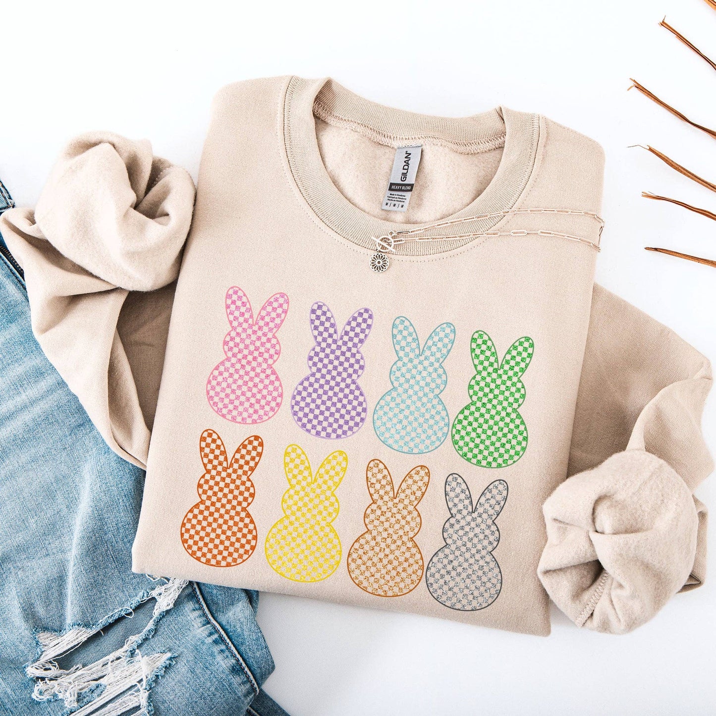 Checkered, Faux Glitter Bunnies, Easter, Rabbit Sweatshirt