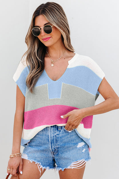 Light Blue Color Block Notch V Neck Sweater T Shirt