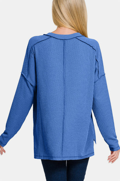 Zenana Texture Exposed Seam V-Neck Long Sleeve T-Shirt