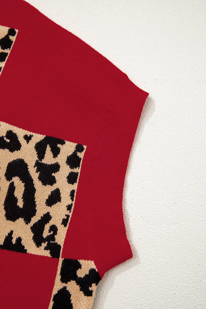 Red Plus Size Leopard Contrasted Checkered Short Sleeve Sweater