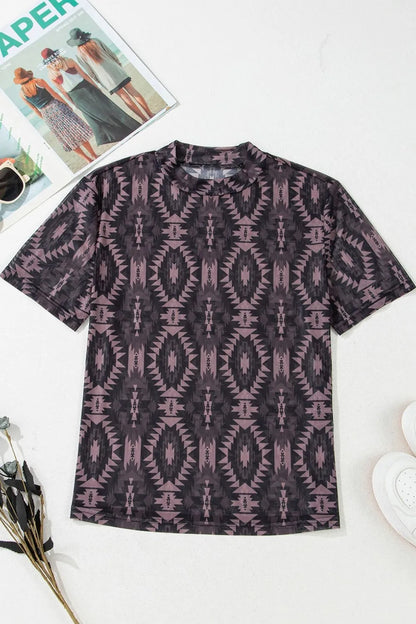 Aztec Print Mock Neck Short Sleeve Mesh T Shirt