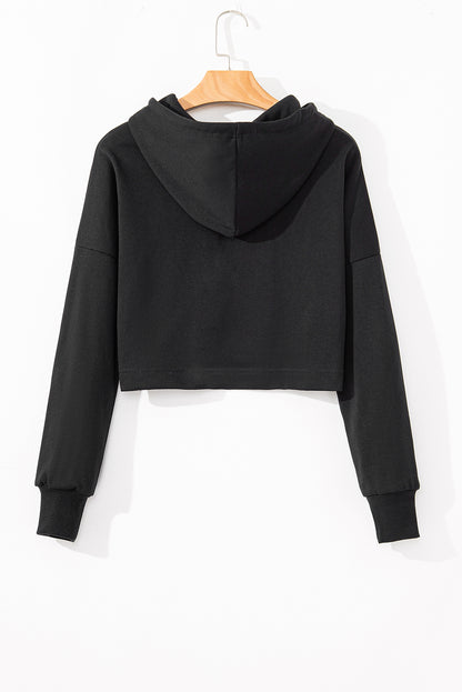 Black Solid Drop Shoulder Drawstring Cropped Hoodie