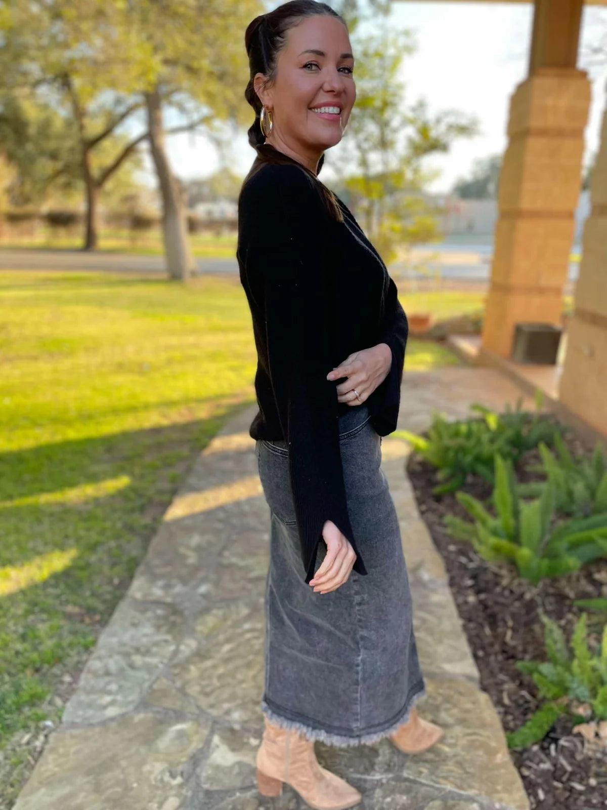 ONE ELEVEN NORTH Black Midi Denim Skirt