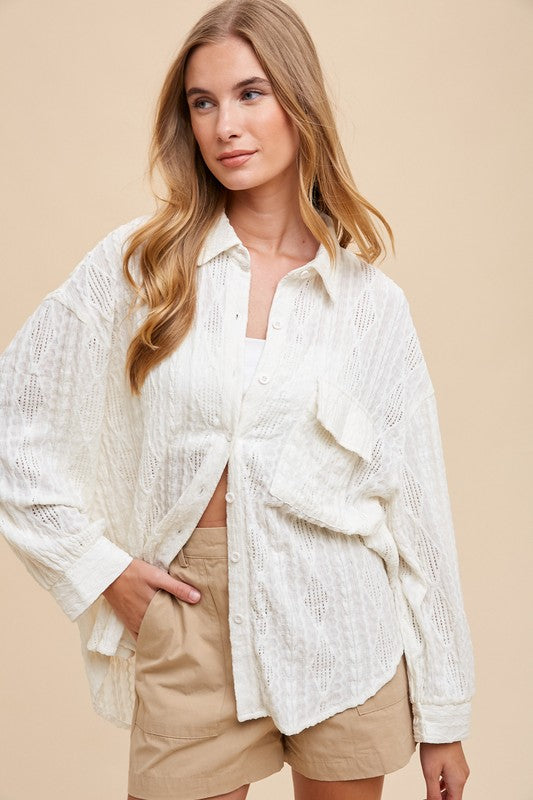 Annie Wear Openwork Button Down Drop Shoulder Shirt